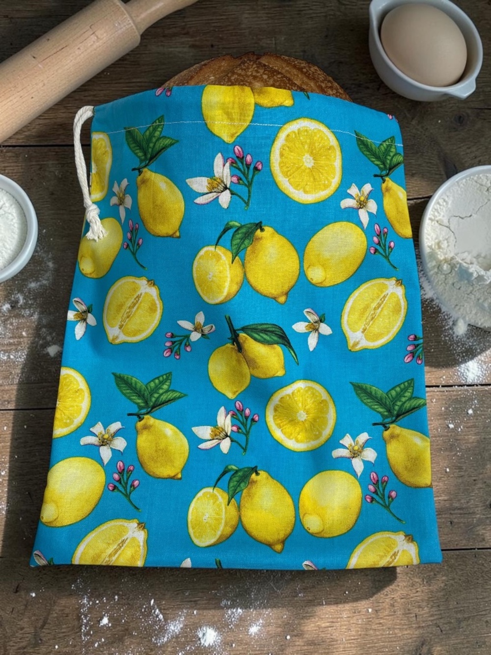 Lemon Print Cotton Bread Bag, Handmade Sourdough Bread Storage Bag, Produce Bag